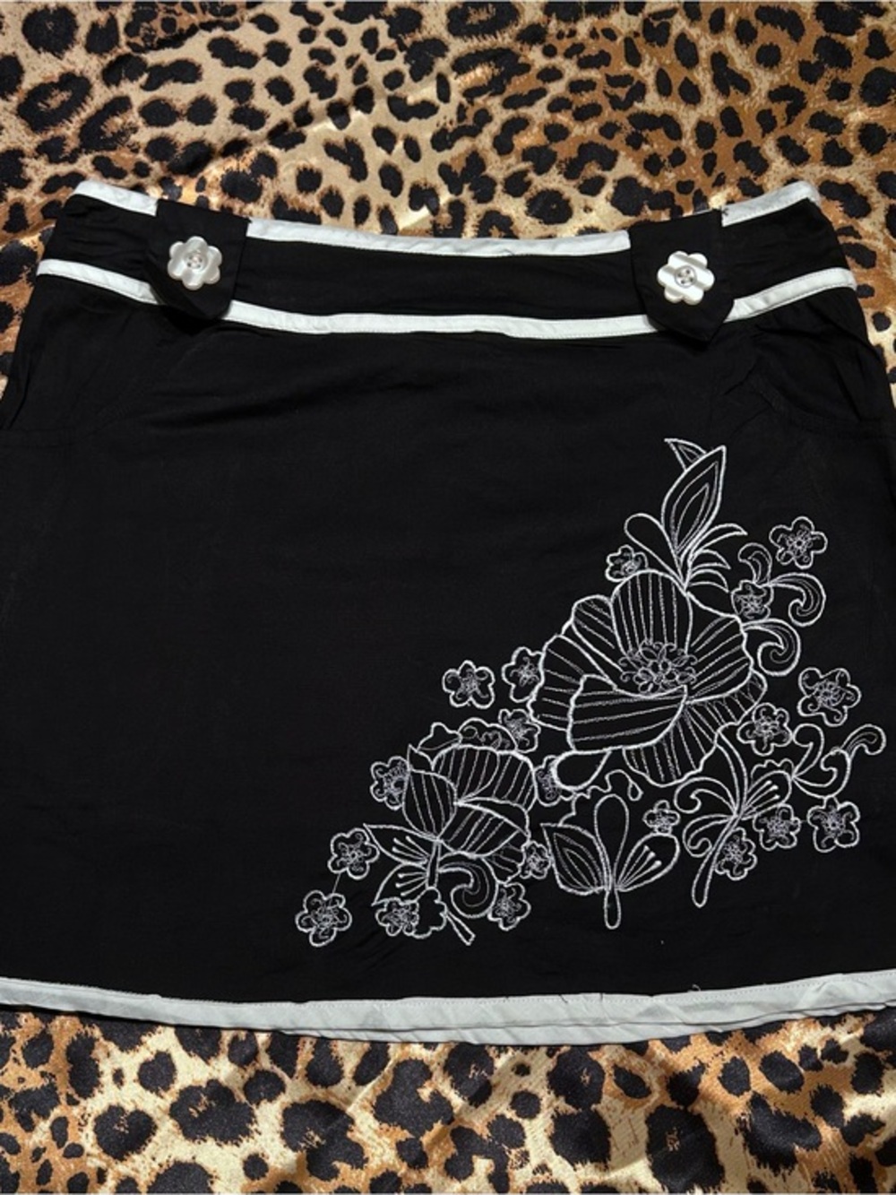 Vintage Y2K Deadstock Angie Black & White Mini Skirt with Embroidered Details